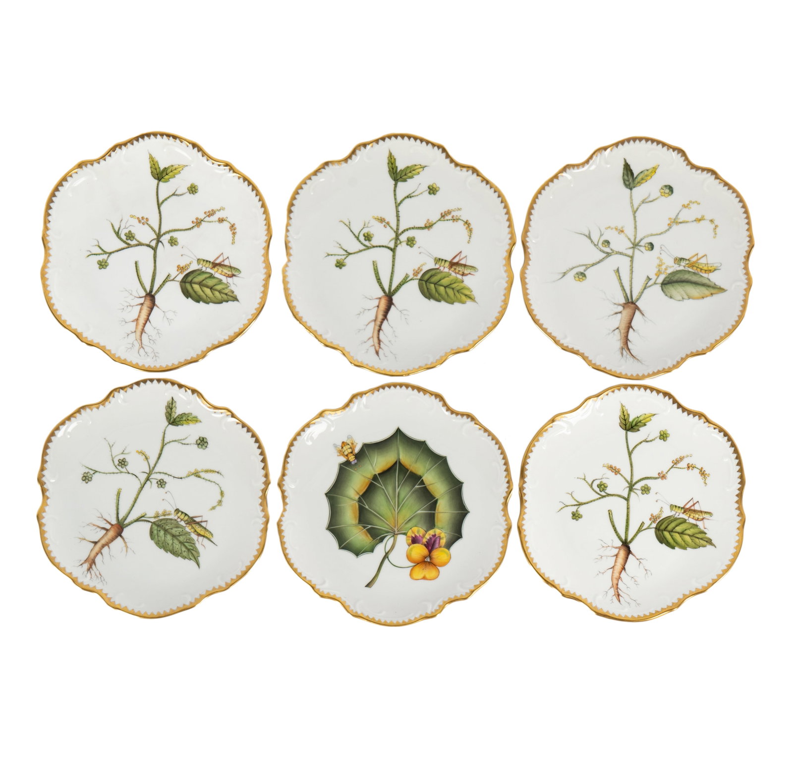 Six Anna Weatherley Porcelain Waterlily Bread Plates: with factory marks 6 1/4 in. dia. (15.9 cm.)
