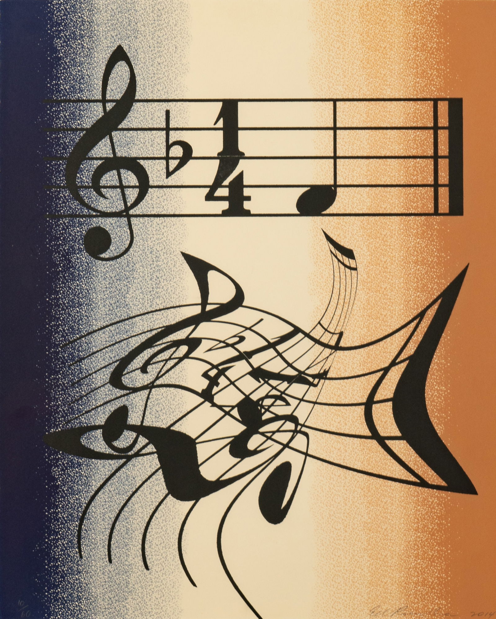 Ed Ruscha (B. 1937): Music: Ed Ruscha American B. 1937 Music three-color lithograph on Arches cover paper 2014; ed. 10/60 (there were also 15 artist's proofs); signed, dated and numbered in pencil along lower edge; printed by Ha