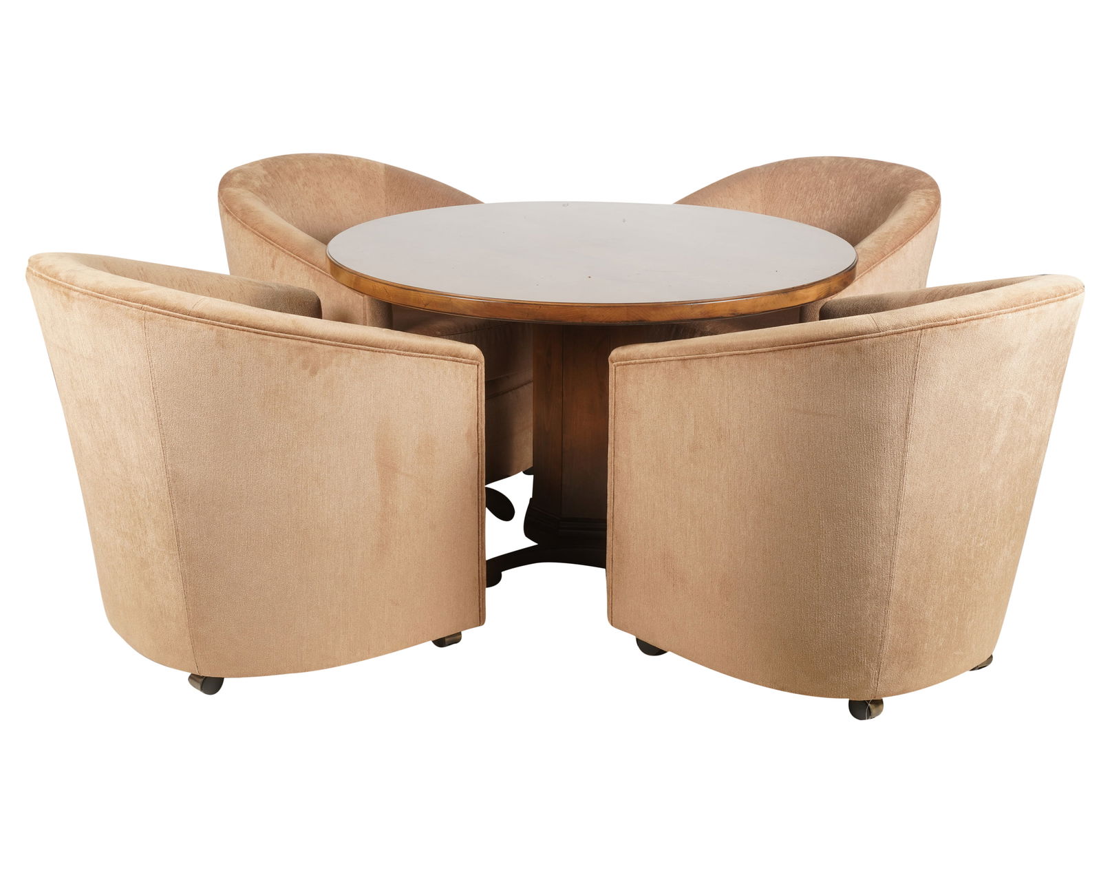 Games Table and Four Chairs: the chairs by Avery Home Furniture, 33 x 30 x 30 in. (83.8 x 76.2 x 76.2 cm.), Seat height: 20 in. (50.8 cm.); the table unsigned, 30 x 48 in. (76.2 x 121.9 cm.) [5 pieces] Provenance: Property from t