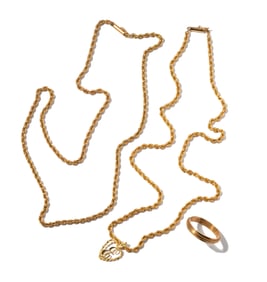 Two 14 Karat Yellow Gold Rope Chains with Man's Ring