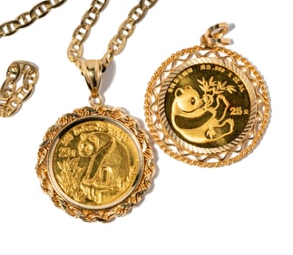 Two 1/4 oz Gold Panda Pendants one with Chain