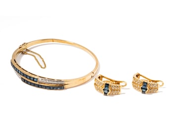 Yellow Gold Sapphire And Diamond Bangle and Earrings