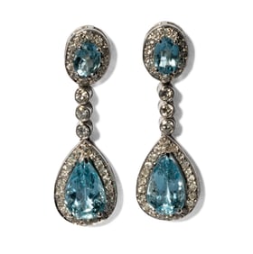 14 Karat White Gold Diamond And Aquamarine Earrings