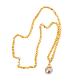 18 Karat Yellow Gold, Tahitian Cultured Pearl, and Emerald Necklace