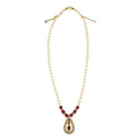 Cartier 18 Karat Yellow Gold, Diamond, Ruby, and Cultured Pearl Necklace