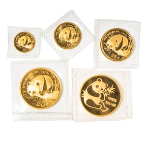 Group Of Five Assorted Gold Panda Coins