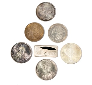 Group Of Six United States One Ounce Mint Coins with one Ingot