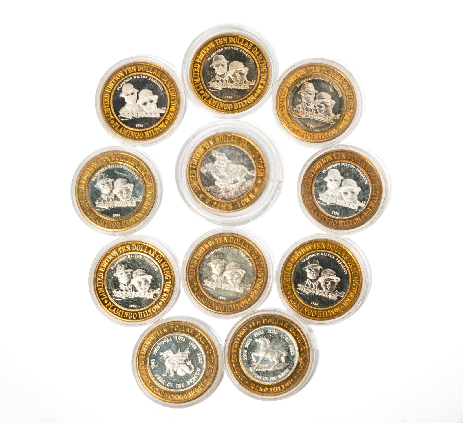 Eight Blues Brothers Casino Tokens: Comprising variants of one lunar dragon, one lunar horse, one pony express,