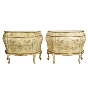 Pair of Italian Rococo-Style Lacca Povera Bombe Commodes