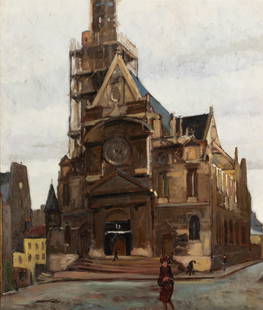 Emil Jean Kosa, Jr. (1903 - 1968): Eglise St. Etienne du Mont, Paris: oil on canvas, relined; 1927; estate-stamped lower left 22 x 19 in., Frame: 29 1/4 x 26 in. (74.3 x 66 cm.) Provenance: Provenance: Property from a Beverly Hills, CA Estate