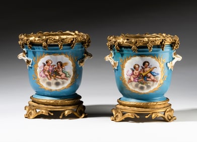 Pair of Sevres-Style Blue-Ground Porcelain Cachepots