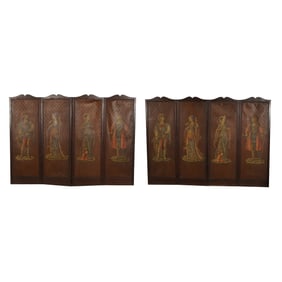 Pair of Painted Leather and Oak Four-Panel Floor Screens