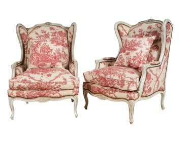 Pair of Louis XV-Style Grey-Painted Bergeres
