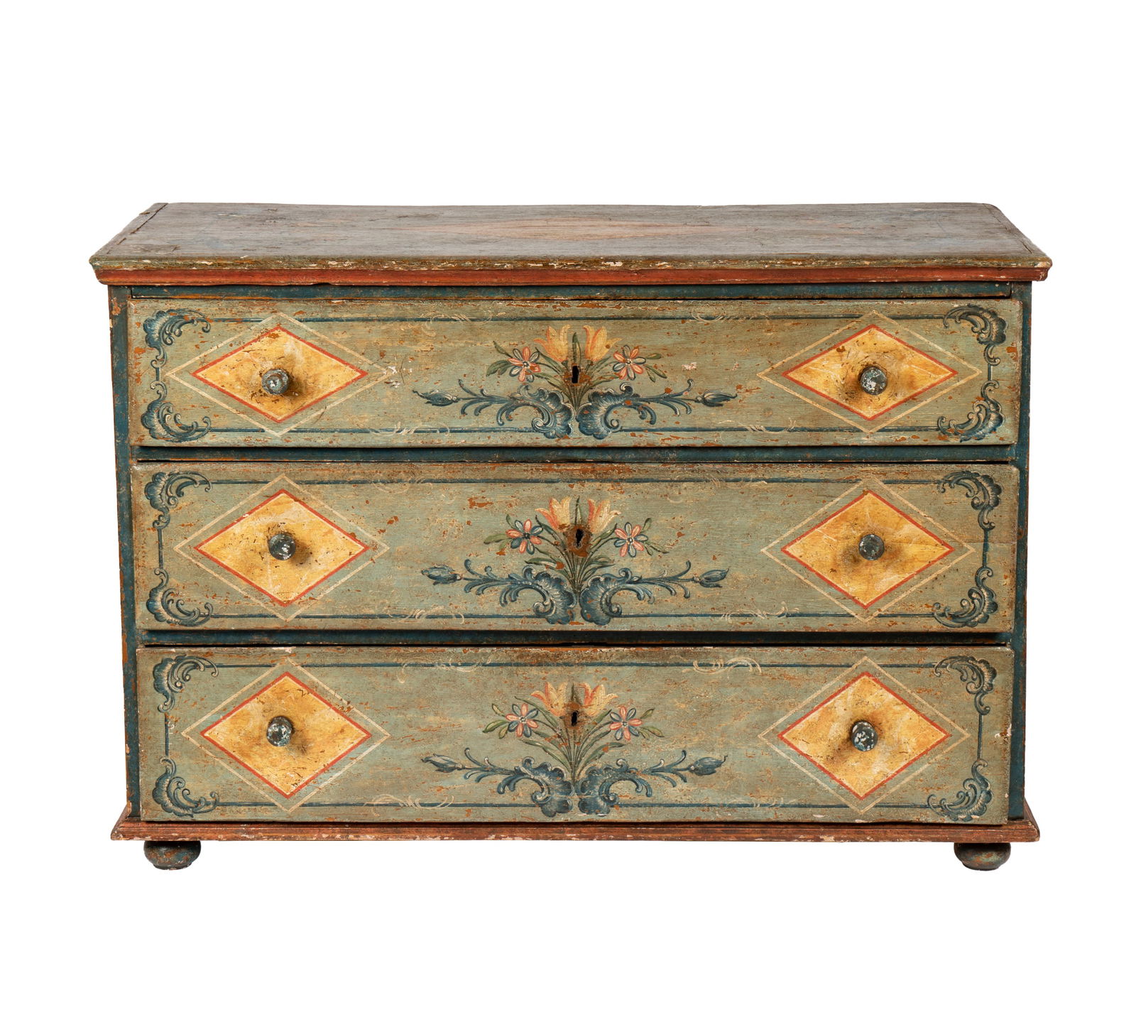 Tirolian Painted Commode: circa 1800 32 1/2 x 48 x 21 in. (82.6 x 121.9 x 53.3 cm.) Provenance: Estate property from a Palos Verdes, CA chateau, purchased from Les Poissons, Paris