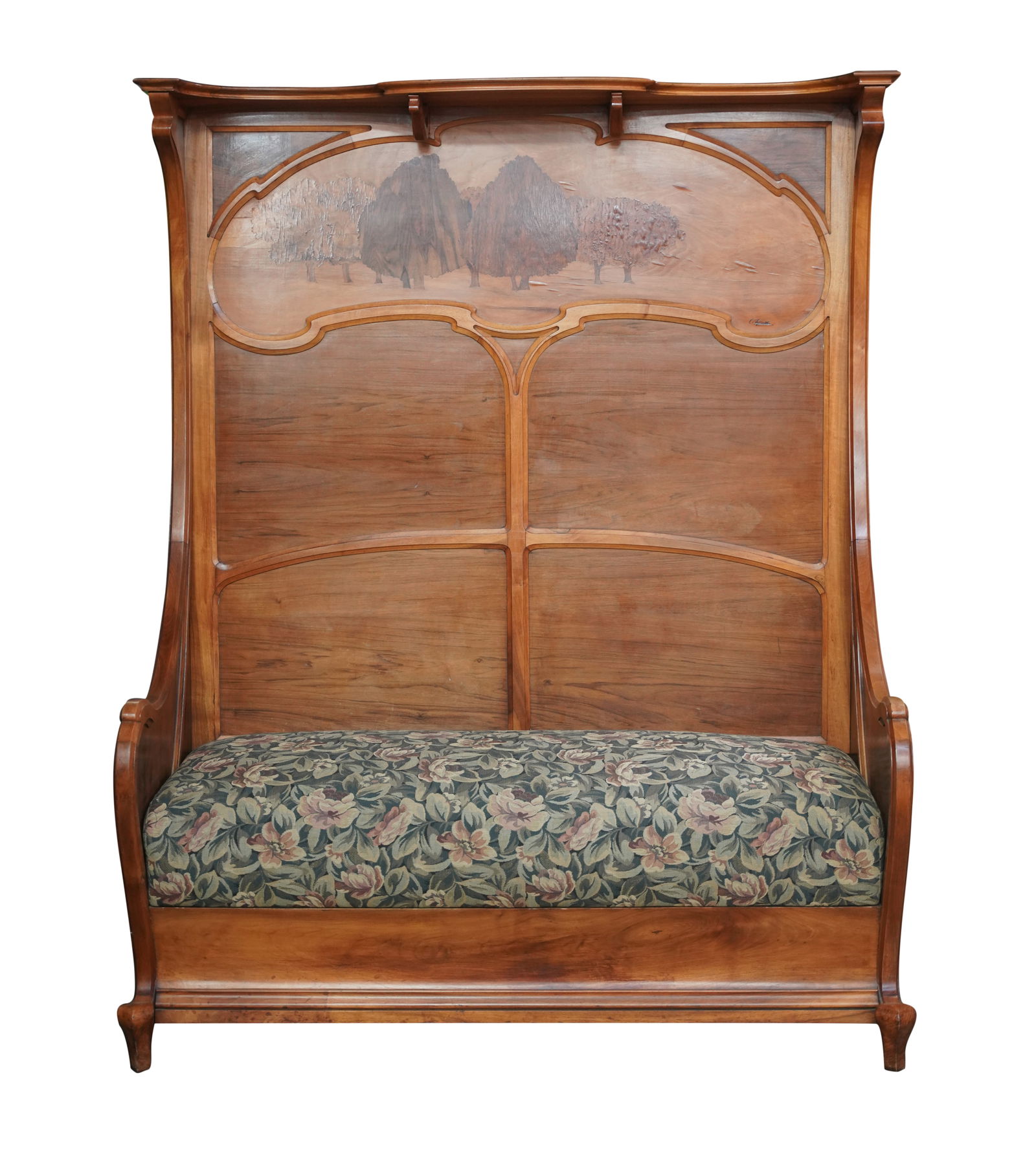 Charles Spindler (1865 - 1938): Art Nouveau Marquetry Settle: signed to marquetry panel 71 x 55 x 25 1/2 in. (180.3 x 139.7 x 64.8 cm.) Provenance: The Estate of Toni Lynn Russo, Los Angeles, CA