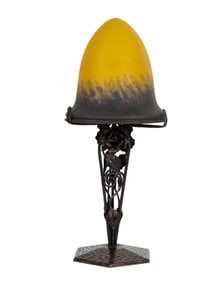 Art Nouveau-Style Patinated Metal and Art Glass Table Lamp
