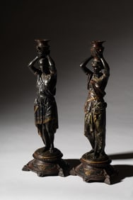 Pair of Orientalist Cold Painted Metal Candlesticks