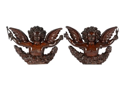 Pair of Continental Carved Wood Cherub Figures