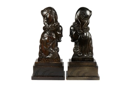 Yasha Heifetz: Pair of Carved Wood Figural Table Ornaments