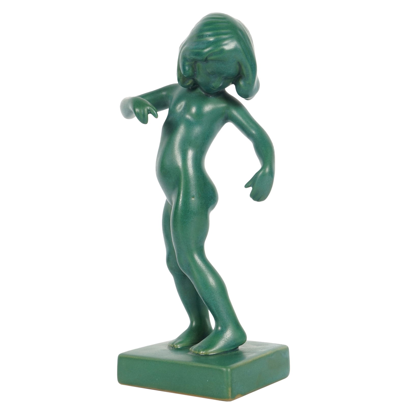 Kai Nielsen / P. Ipsens Enke: Venus Kalipygos Figure: Copenhagen, Denmark, mid 20th century; green-glazed ceramic; impressed factory mark and "Denmark", numbered 888, 8 1/2 x 3 x 2 3/4 in. (21.6 x 7.6 x 7 cm.) Provenance: The Estate of Toni Lynn Russo, L
