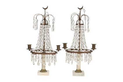 Pair of Crystal and Marble Twin-Light Girandoles