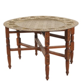 Moroccan Brass Repousse Tray on Stand