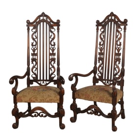 Pair of Jacobean-Style Carved Wood High-Back Armchairs
