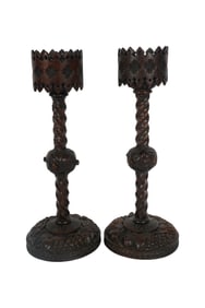 Pair of Gothic-Style Carved Wood Candlesticks