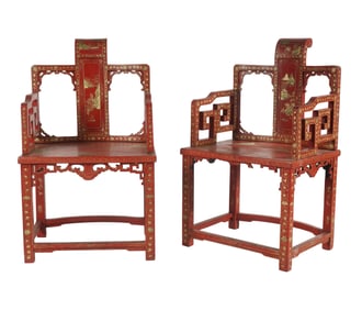 Pair of Chinese Red Lacquer Armchairs