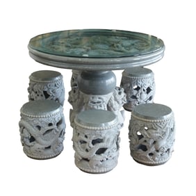 Chinese Carved Stone Garden Table and Six Stools