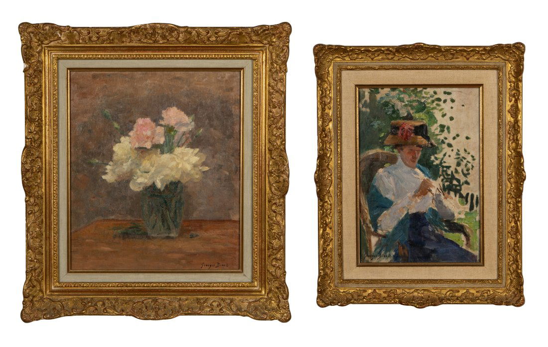 George Jules Ernest Binet, 1865-1949, Two Works: each: oil on board, each signed; the first: depicting a seated woman in a hat (10 3/4 x 7 1/4, Frame: 15 x 11 3/4 in.); the second: a floral still life (14 x 11 3/4 in., Frame: 20 x 18 in.)
