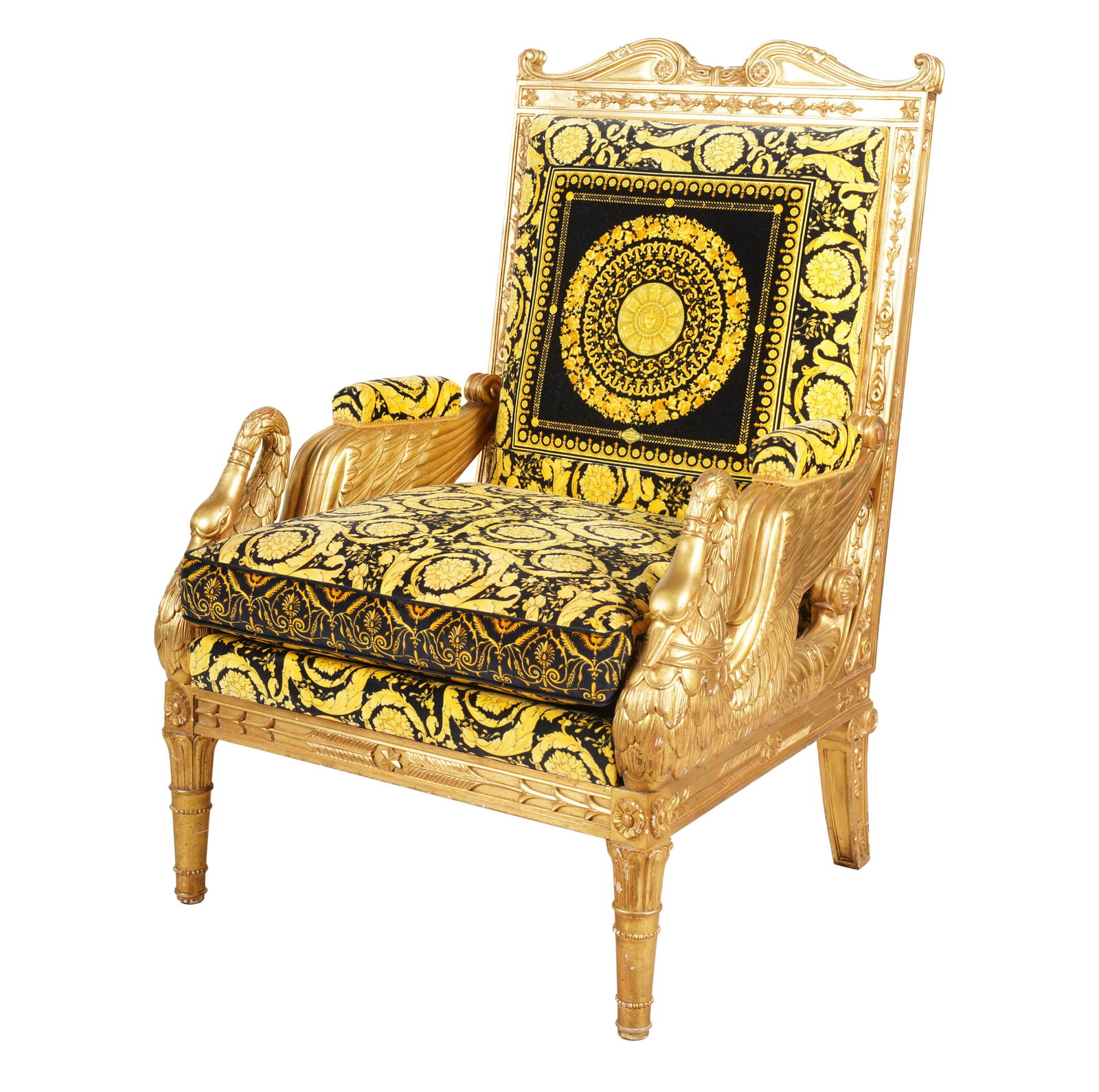French Empire-Style Giltwood Armchair: upholstered in Versace-style fabric 45 x 32 x 32 in. (114.3 x 81.3 x 81.3 cm.), Seat height: 20 in. (50.8 cm.)