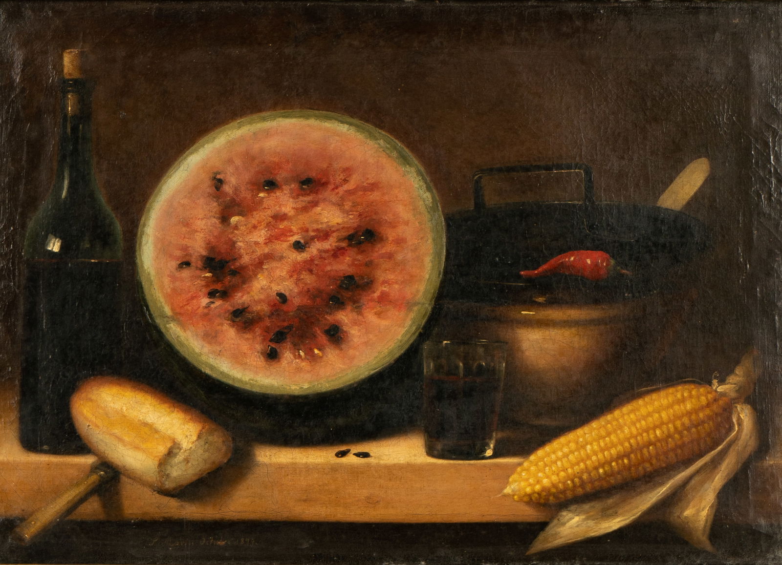 Continental School (Late 19th Century): Still Life with Watermelon: oil on canvas; 1879; signed "L." or "S." "Marin" and dated lower right 17 1/2 x 24 1/2 in. (44.5 x 62.2 cm.), Frame: 24 1/4 x 31 1/4 in. (61.6 x 79.4 cm.) Provenance: Estate property from a Palos Verd
