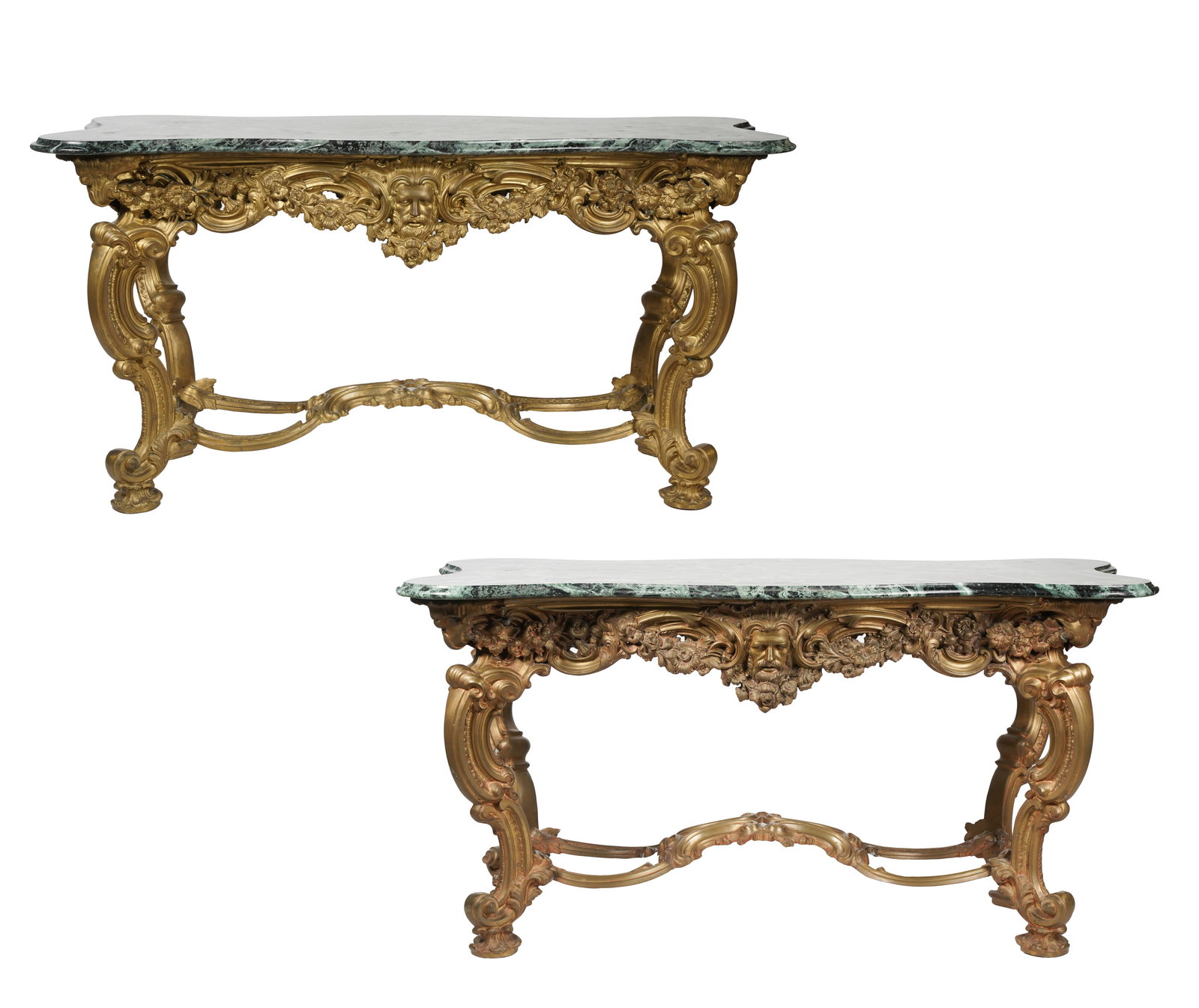 Pair of Italian Bronze Rococo-Style Center Tables: heavy gilt bronze, with later verde antico marble top; each cast with C-scrolls and floral garlands, and with a mask centering the apron on each long side; each signed to one leg "Ciampaglia" Each 34