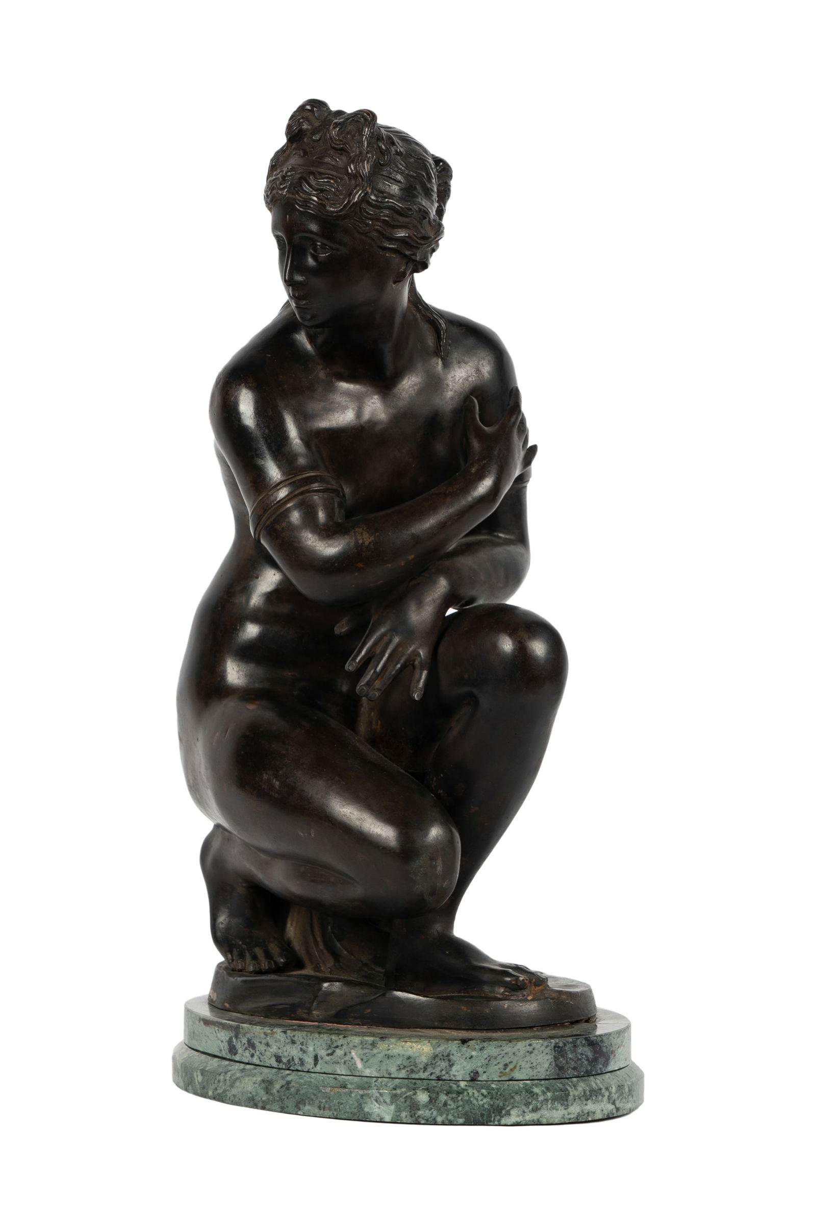 Patinated Bronze Figure of the Crouching Venus: after the Antique; on marble plinth; signed in casting "Giovanni" 21 x 10 1/2 x 7 in. (53.3 x 26.7 x 17.8 cm.)