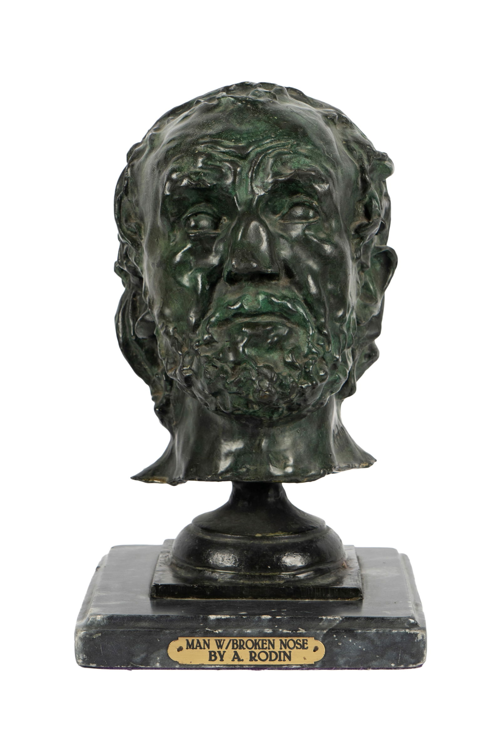 After Auguste Rodin: Man With Broken Nose: bronze with green patination, mounted to marble plinth; inscribed "Rodin" to neck Overall: 13 x 8 x 8 in. (33 x 20.3 x 20.3 cm.)