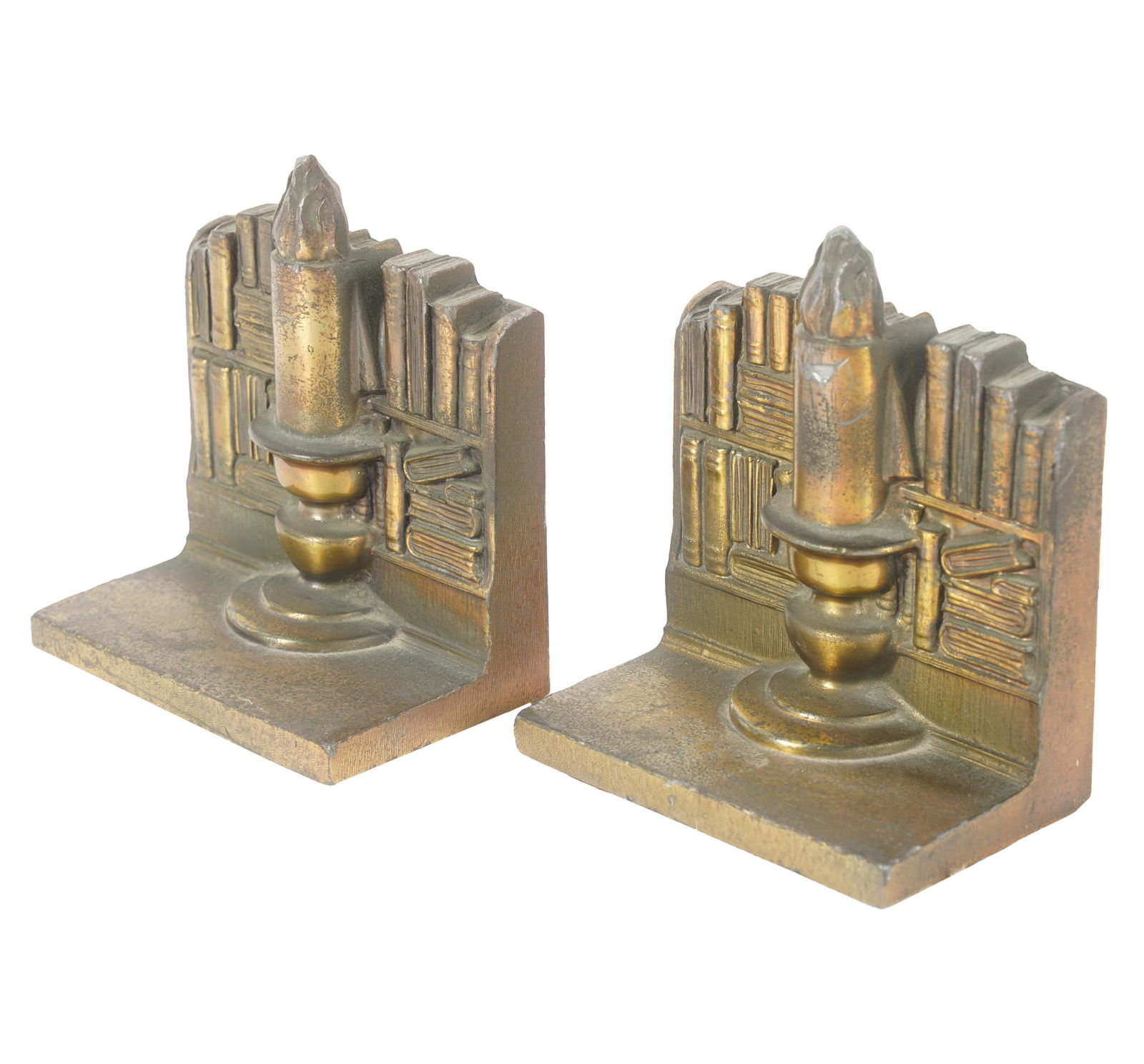 Pair of Bronze Bookends: each modeled as a candlestick before a bokshelf 4 1/2 x 4 x 2 1/2 in. (11.4 x 10.2 x 6.4 cm.)