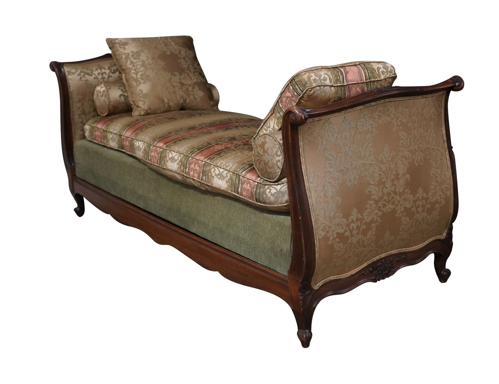Louis XV Provincial-Style Daybed: covered with damask fabric 35 x 83 x 33 1/2 in. (88.9 x 210.8 x 85.1 cm.), Seat height: 22 in. (55.9 cm.) Provenance: Estate property from a Palos Verdes, CA chateau
