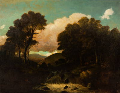 William Traies (1789-1872): Landscape with Rushing River: William Traies 1789-1872 Landscape with Rushing River oil on canvas 1861; signed and dated lower left Sight: 30 1/2 x 39 1/2 in. (77.5 x 100.3 cm.), Frame: 42 x 51 in. (106.7 x 129.5 cm.)