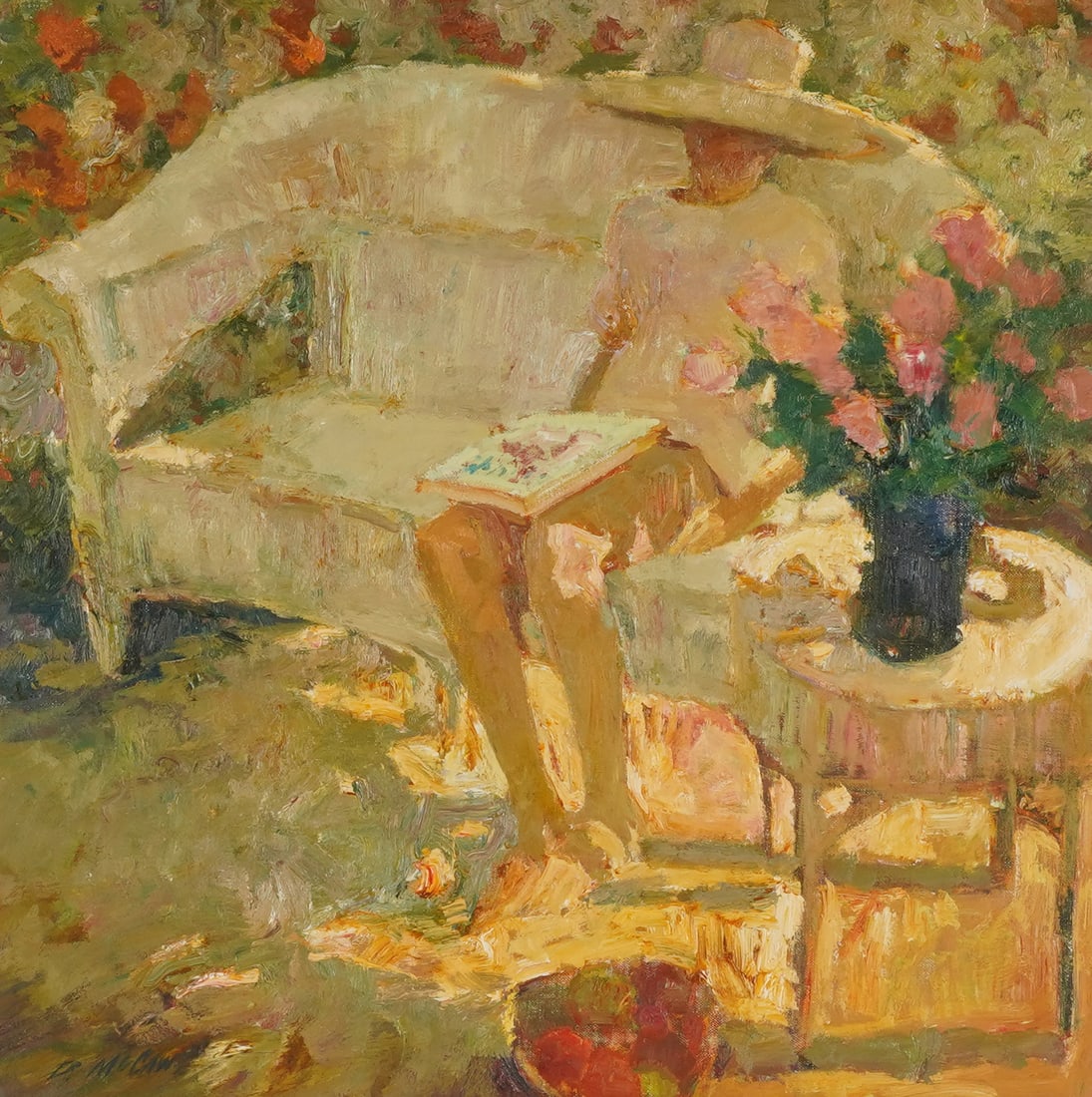 Dan McCaw (B. 1942): Woman Seated on Bench: Dan McCaw B. 1942 Woman Seated on Bench oil on canvas signed lower left 24 x 24 in. (61 x 61 cm.), Frame: 34 x 34 in. (86.4 x 86.4 cm.) Provenance: The Estate of Toni Lynn Russo, Los Angeles;