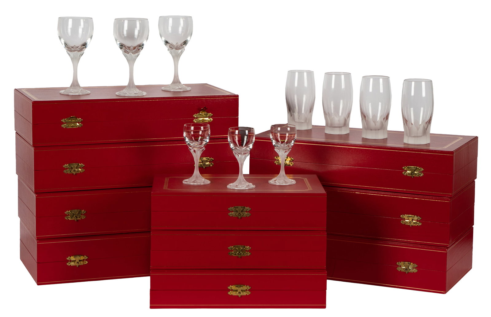 Cartier Crystal Stemware Service: comprising 12 tumblers (5 1/2 in. high), 15 wine (6 3/4 in. high) and 11 cordials (4 3/4 in. high); each with marked; with original boxes [38 pieces] Provenance: The Estate of Toni Lynn Russo, Los Ang