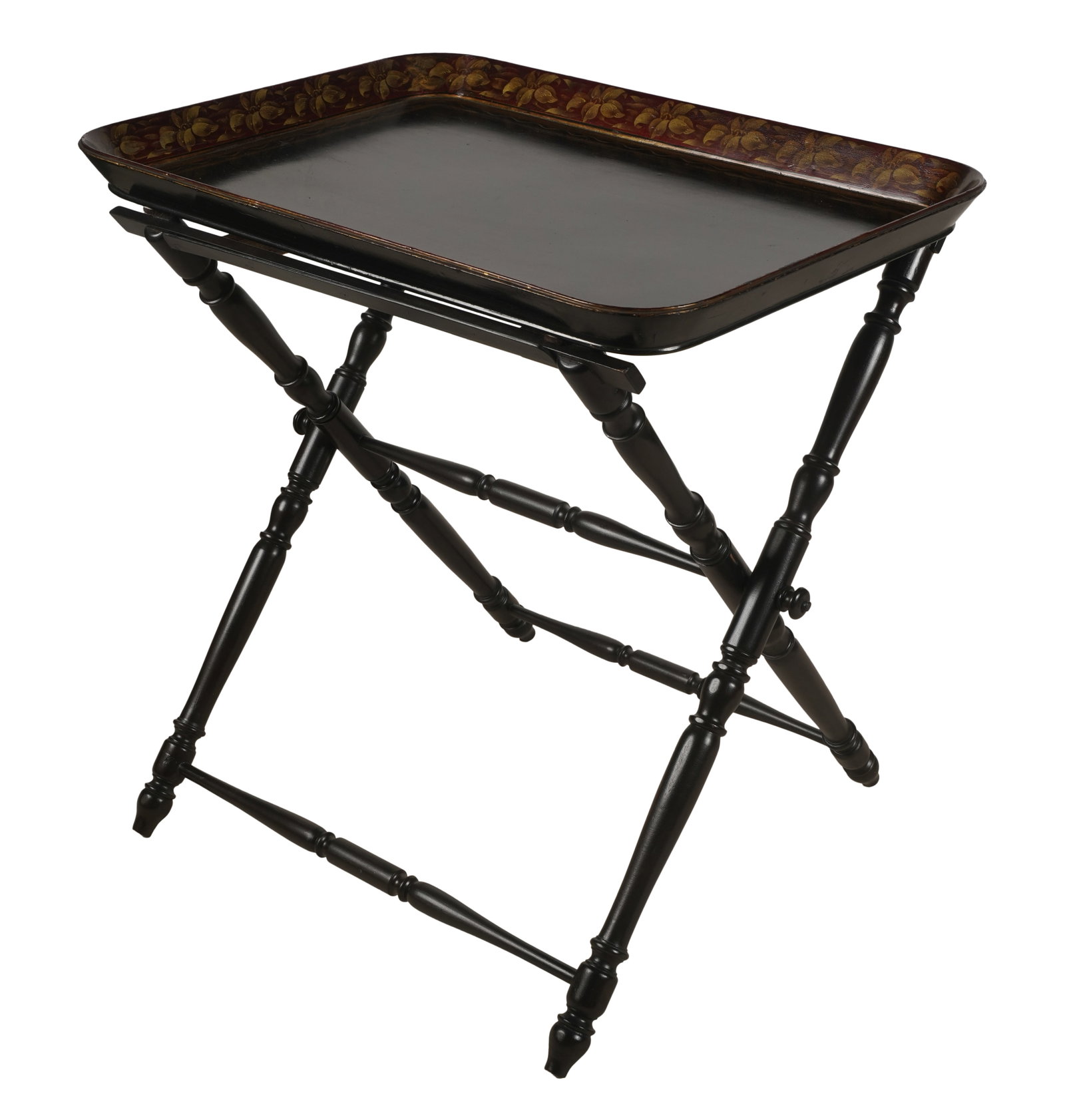 Butler's Tray on Stand: the tray lacquered in black with gilt and red border (2 x 30 x 22 in.); the stand of ebonized wood (27 x 25 1/2 x 21 in.) Provenance: The Estate of Toni Lynn Russo, Los Angeles, CA