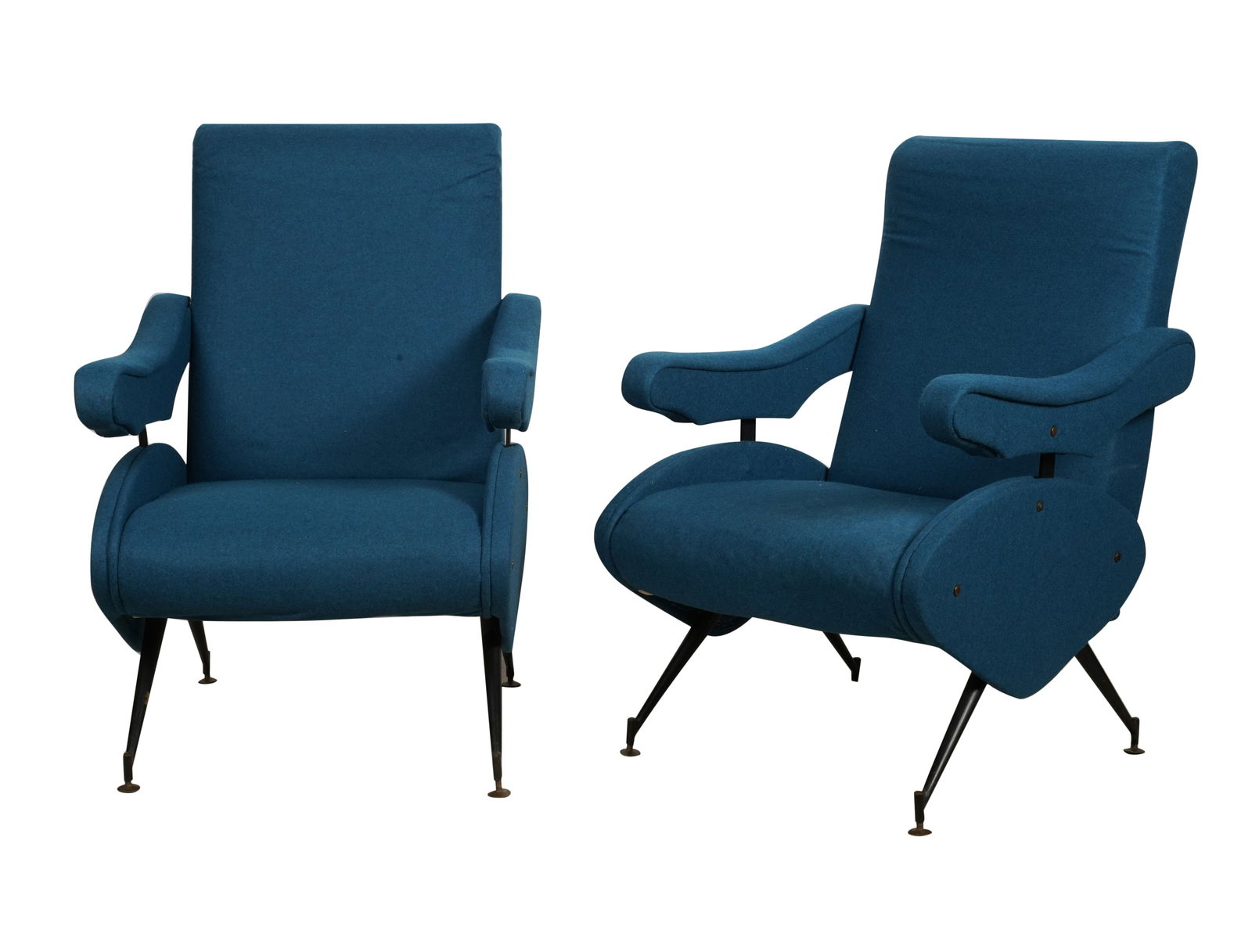 Nello Pini for Novarredo Pair of Reclining Fabric Lounge Chairs: 1959, Italy, no label 38 x 26 x 27 in. (96.5 x 66 x 68.6 cm.), seat height: 16 1/2 in. (41.9 cm.)