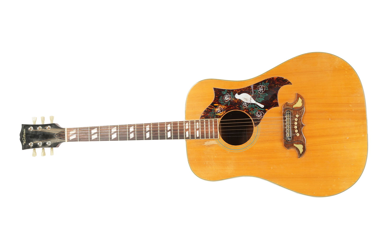 Ventura "Dove" Left-Handed Acoustic Guitar: Model number: DN8e Serial number: 1105212018 With case 41 3/4 in. (106 cm.), The case: 45 x 18 x 6 1/2 in. (114.3 x 45.7 x 16.5 cm.)
