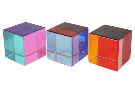 Vasa Velizar Mihich (B. 1933): Three Works (Cubes): laminated colored acrylic; unsigned Each: 3 x 3 x 3 in. (7.6 x 7.6 x 7.6 cm.) Provenance: A Brentwood CA Estate