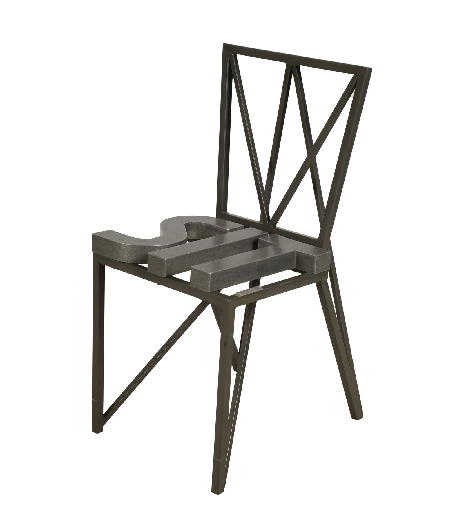 Mr. Meta Snail, "The Hyper Truffle," Hand-Fabricated Chair by David Gale: 1991, with placard to top of chair, signed David Hale, brushed metal 31 x 15 x 18 in. (78.7 x 38.1 x 45.7 cm.), seat height: 17 1/4 in. (43.8 cm.)