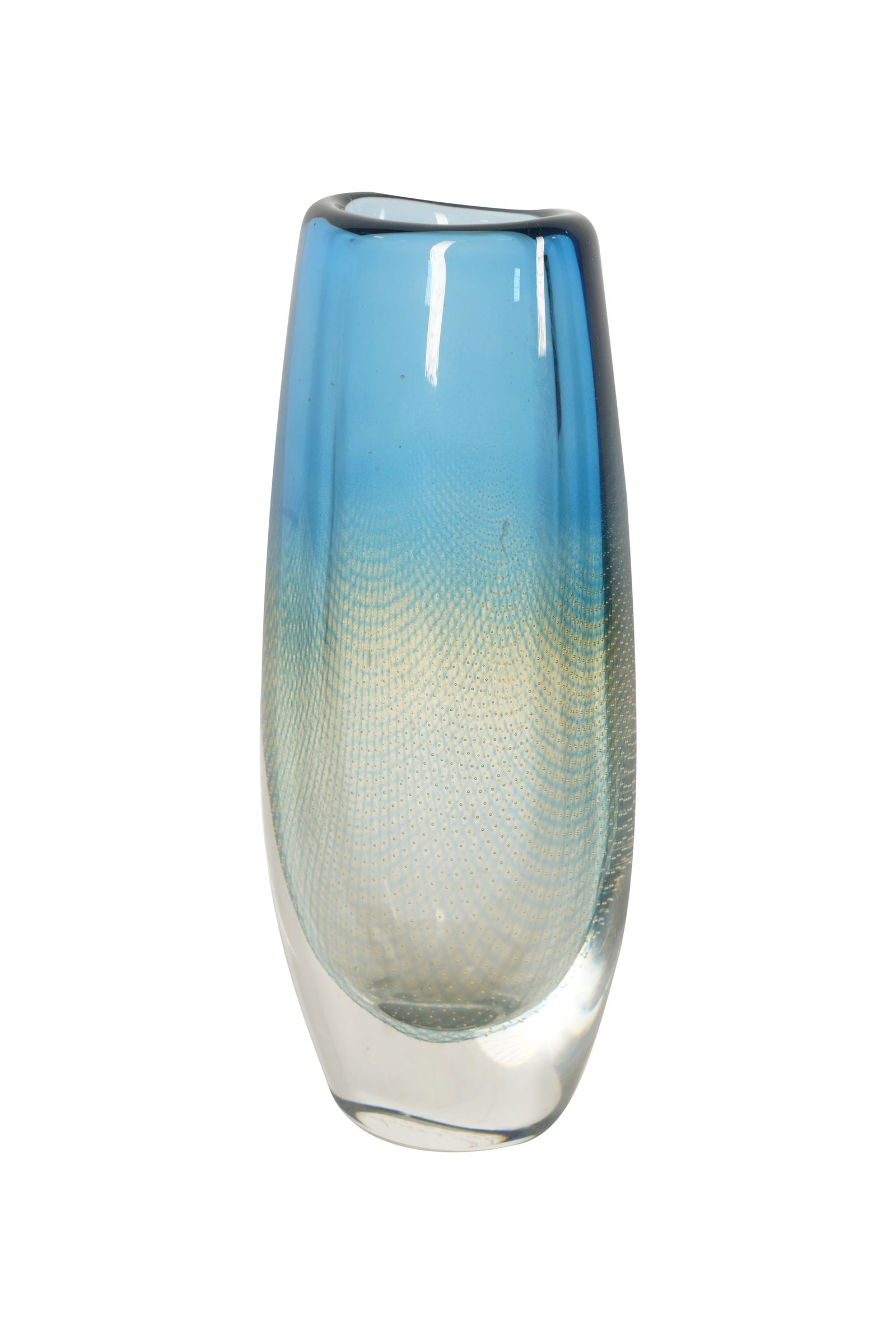 Svend Palmqvist (1906-1984) for Orrefors "Kraka" Glass Vase: Clear fading to blue vase, internally decorated with small, controlled bubbles. Marked Orrefors in addition to "Kraka" and etched signature "Svend Palmqvist". 9 3/4 x 4 x 3 in. (24.8 x 10.2 x 7.6 cm.)