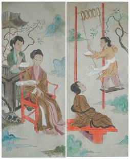 Pair of Chinese Painted Panels: in colors on canvas laid to wood Each panel: 80 x 32 in. (203.2 x 81.3 cm.) Provenance: Property from a residence designed by William "Billy" Haines, Beverly Hills, California