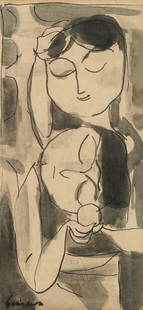 Sueo Serisawa (1910-2004): Mother and Child: Sueo Serisawa Japanese 1910-2004 Mother and Child ink wash on paper 1952; signed lower left, dated, titled and inscribed "Merry Christmas to Betty" to verso Sight: 10 3/4 x 5 in. (27.3 x 12.7 cm.), Fr