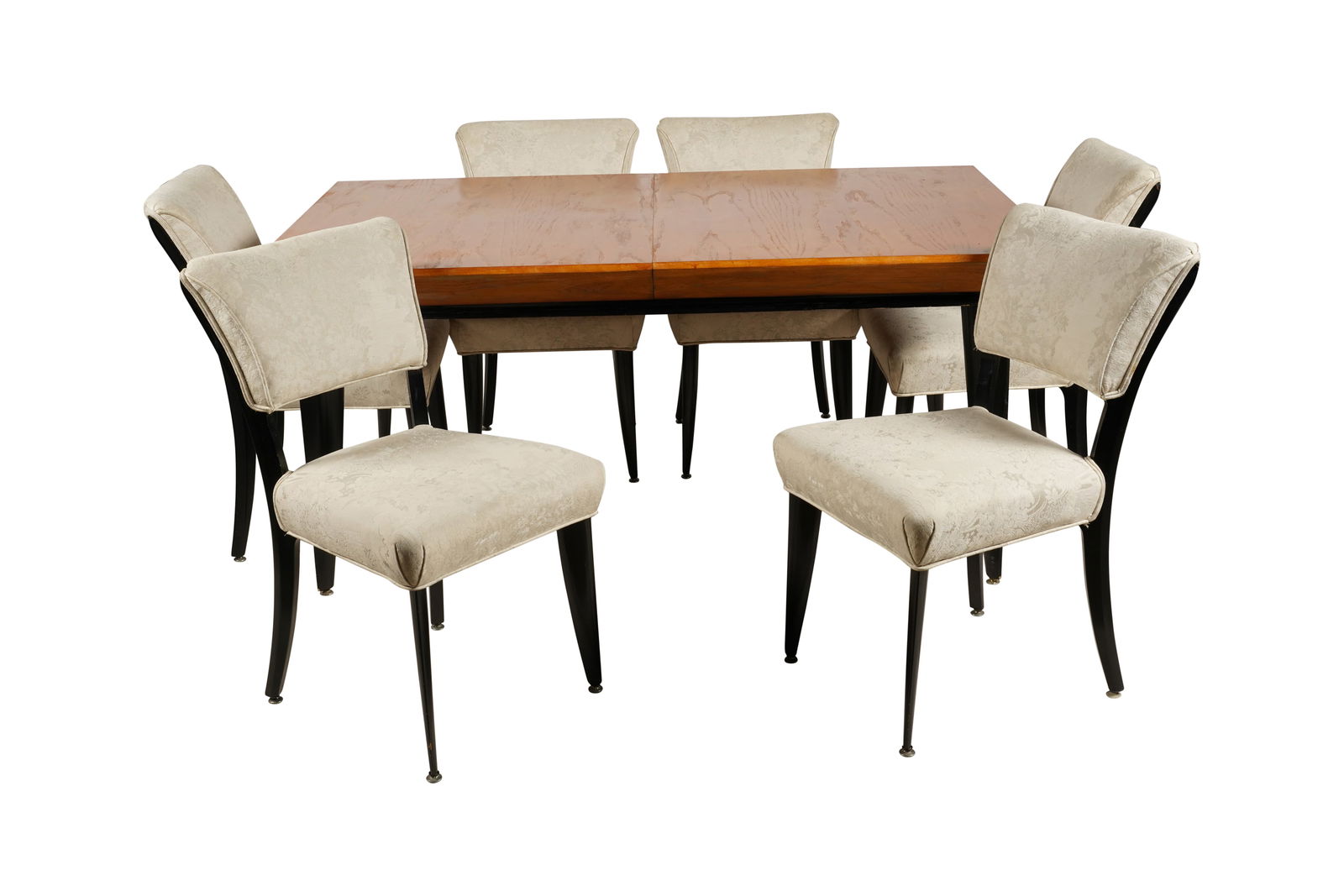 Paul Laszlo for Brown Saltman Dining Set: chairs with floral upholstery, table and chairs with knife legs chairs: 33 x 19 x 21 in. (83.8 x 48.3 x 53.3 cm.), table closed: 29 x 65 x 41 in. (73.7 x 165.1 x 104.1 cm.)